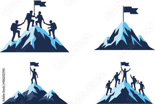 Mountain climbers reaching peak success team achievement illustration on transparent background silhouette