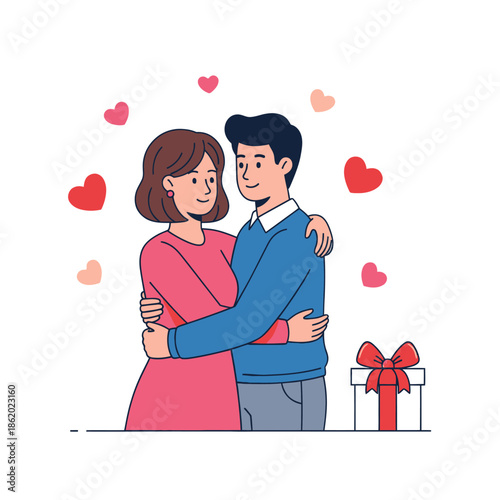 Couple Embracing Love Hearts Gift Box Romance Valentine's Day Celebration