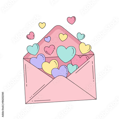 Pink Envelope Overflowing with Colorful Hearts - Love Letter, Valentine's Day Illustration