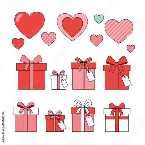 Set of Valentine's Day Gift Boxes and Hearts Illustrations