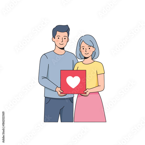 Couple Holding Box with Heart Symbol, Love and Care Concept, Illustration