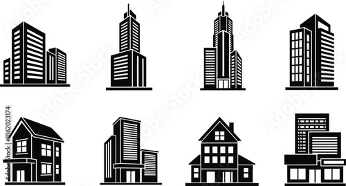 Black building silhouettes collection with various architectural styles on transparent background