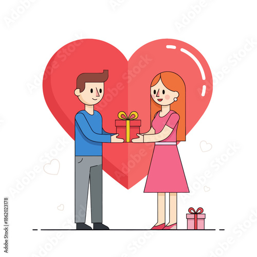 Man giving gift box to woman in front of red heart, couple celebrating romance and love