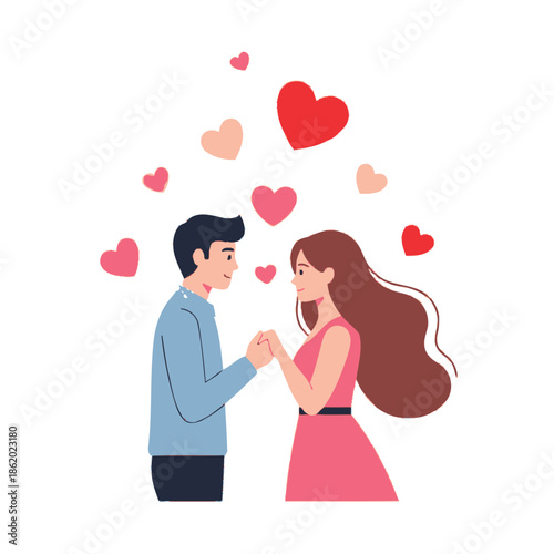 Couple Holding Hands with Hearts Floating Around Them - Love and Romance Illustration