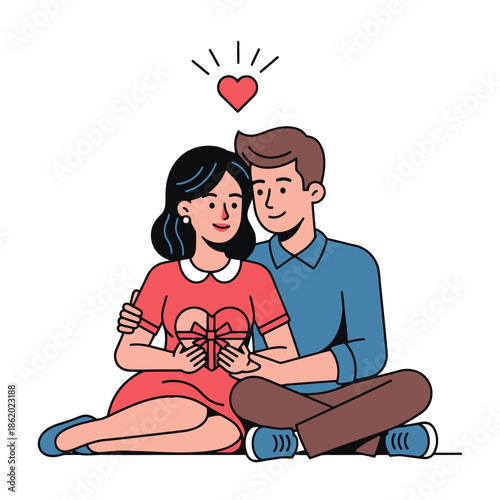 Couple in Love Exchanging Gift Box with Heart Symbol
