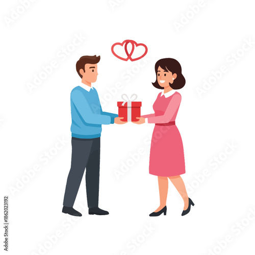 Couple Exchanging Gift Box with Hearts Symbol, Romantic Gesture, Present Giving