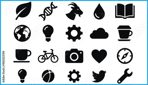 Set of 20 black line icons for nature, science, technology, travel, and lifestyle themes, ideal for vector illustration content