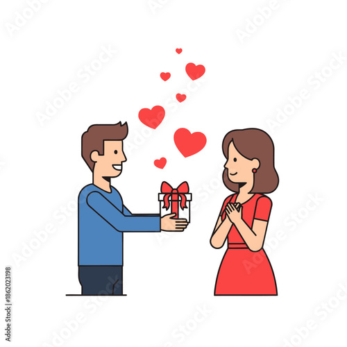 Man giving gift box with red hearts to woman, love surprise, happy couple illustration