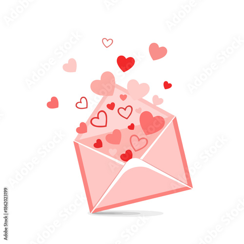 Pink Envelope Overflowing with Red and Pink Hearts - Love Letter, Valentine's Day Concept