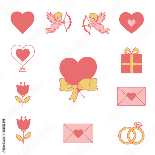 Cute Valentine's Day Icons: Hearts, Cupids, Flowers, Gift, Rings, Envelopes