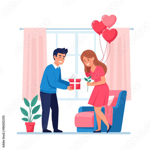 Couple exchanging gifts and roses with heart balloons, romantic surprise for valentine's day