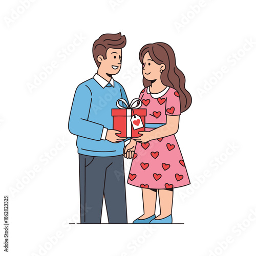 Couple Exchanging Valentine's Day Gift Box with Hearts Decoration
