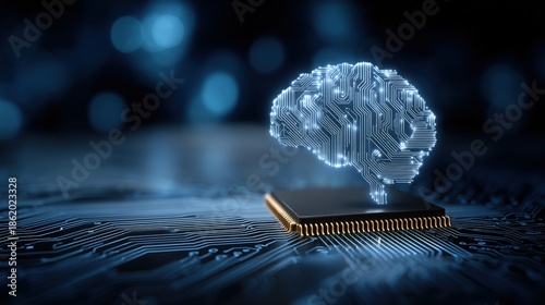Abstract AI technology background with a glowing brain shape formed by circuit lines on a microchip. Concept of artificial intelligence, neural networks, data processing, innovation, and technology