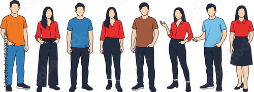 Flat cartoon people standing in casual clothing, diverse men and women character illustration set, modern lifestyle vector design