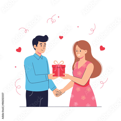 Couple exchanging a gift box with hearts and confetti, celebrating love and surprise