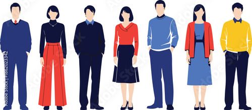 Flat illustration of diverse men and women standing in casual modern clothing, fashionable people characters, lifestyle and outfit concept set