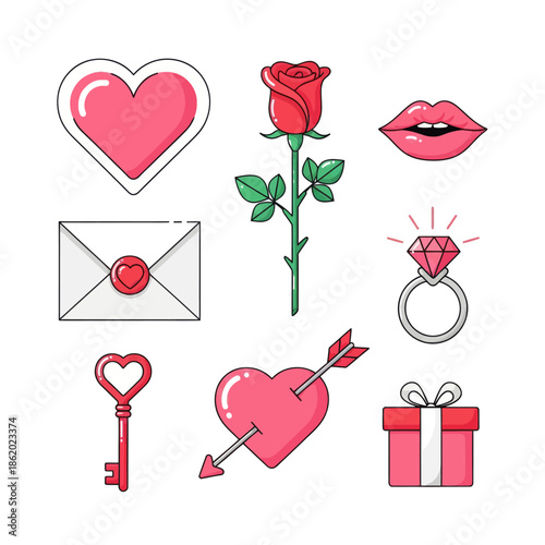 Valentine's Day Icons: Pink Hearts, Rose, Lips, Ring, Gift, Envelope, Key
