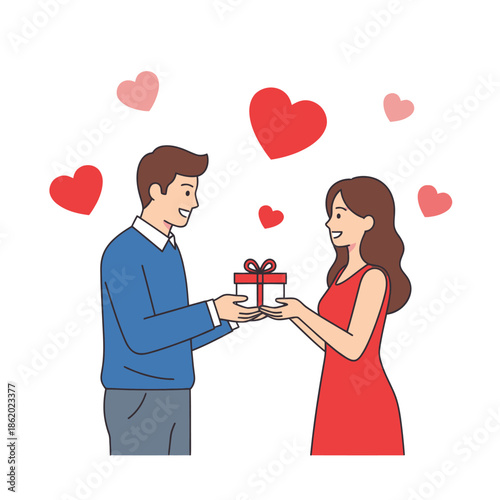 Couple Exchanging Gift Box Surrounded by Hearts, Romantic Surprise for Valentine's Day