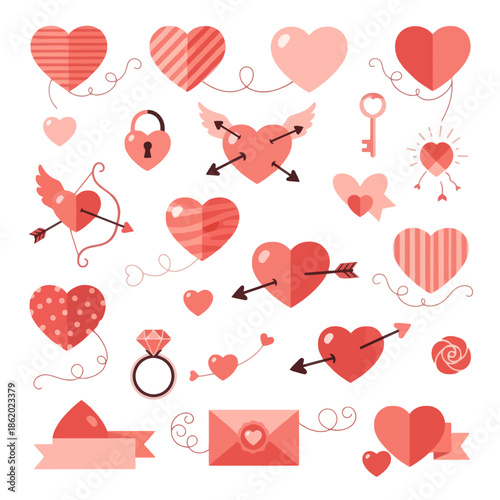 Valentine's Day Heart Icons Set: Love, Romance, Arrows, Lock, Key, Ring, Envelope, Ribbons