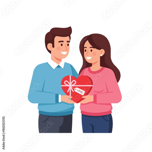 Couple Exchanging Heart-Shaped Gift Box, Valentine's Day Romance, Love Present