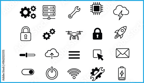 Set of 20 black line icons for technology and computing including cloud, server, gear, padlock, and battery for vector illustration content