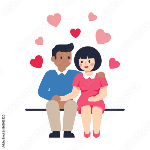 Couple in Love Sitting Together Surrounded by Hearts - Flat Illustration