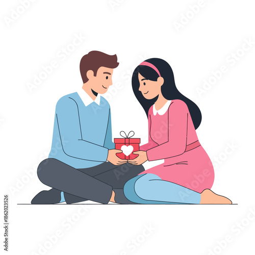 Couple Giving Gift Box with Heart Shape, Romantic Present Exchange, Love and Relationship Concept