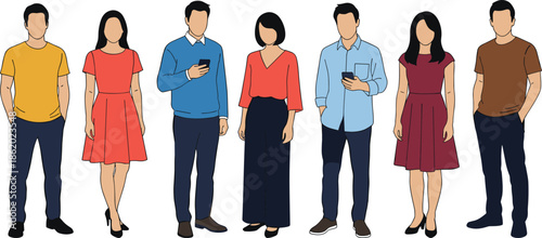 Illustration of diverse casual men and women standing together in modern outfit style community character group on white background
