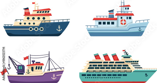 Set of cartoon ships and boats, colorful marine vessels collection, nautical transport illustration of cruise ship and fishing boat