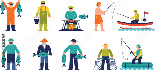 Set of fishermen characters catching fish and working with nets, traditional fishing people and hobby anglers vector illustration