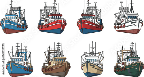 Set of colorful fishing trawler boats, vintage nautical ships collection, commercial marine vessel front view illustration for ocean industry