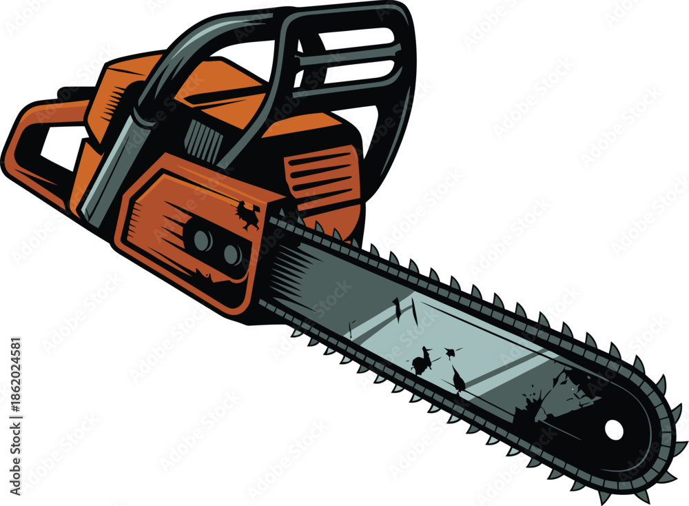 Fototapeta premium Orange and Black Vector Chainsaw Illustration with Sharp Teeth Perfect for Logging and Woodcutting Projects