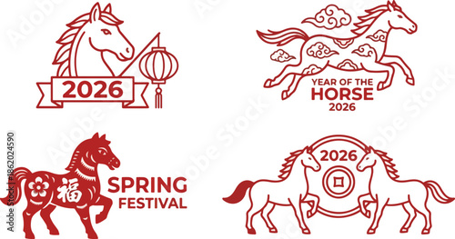    SET OF 4 RED LINE ICON FOR CHINESE NEW YEAR 2026 YEAR OF HORES VACTOR ILLOUTRATION  WITH LANTER CLOUD  COIN AND FASTIVAL TEXT ISTILATED ON WHITE