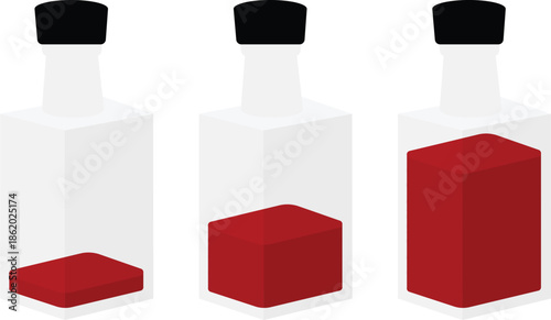 Flat vector illustration showing three transparent glass bottles with red liquor at different fill levels, from low to full.