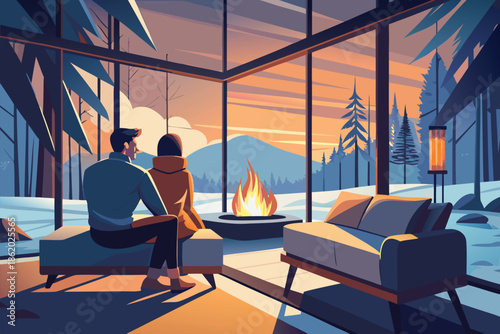 A couple sits on a modern sofa near a warm fire inside a glass-walled cabin, with a snowy forest and sunset glow outside, creating a tranquil, intimate winter scene.