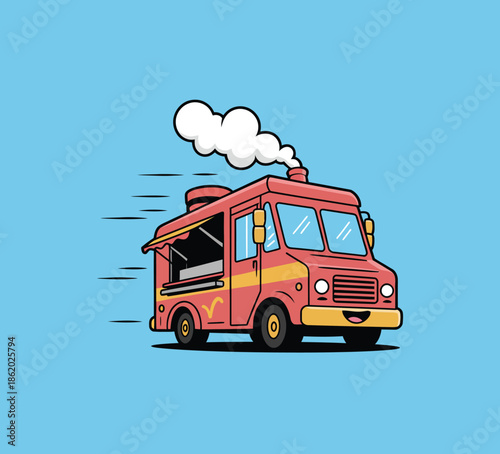 Cheerful Food Truck Illustration, Modern Street Food Van Design on Clean Blue Background Showing Ready to Serve Tasty Meals.