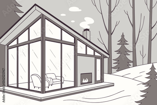 A modern glass-walled cabin sits in a quiet winter forest. A bright, open living area with a sofa and chairs faces a warm fireplace, offering a cozy retreat from the cold outdoors.