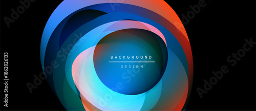 Abstract colorful layers create circular design. Blue, orange, teal hues blend, forming dynamic visual effect. Text reads background design.
