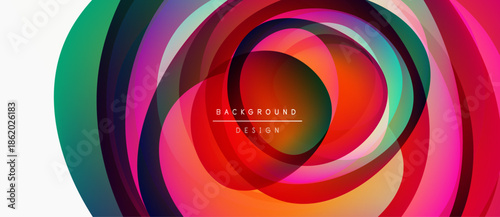 Abstract colorful layers create dynamic circular pattern. Vibrant hues blend, forming modern background design. Smooth gradients dominate composition.