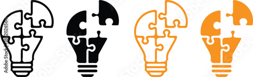 puzzle piece light bulb four icons set black yellow vector illustration collection design 