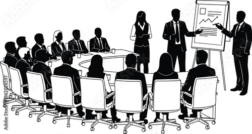Corporate boardroom meeting illustration with business presentation, leadership discussion, teamwork collaboration, strategy planning, professional executives, conference training concept