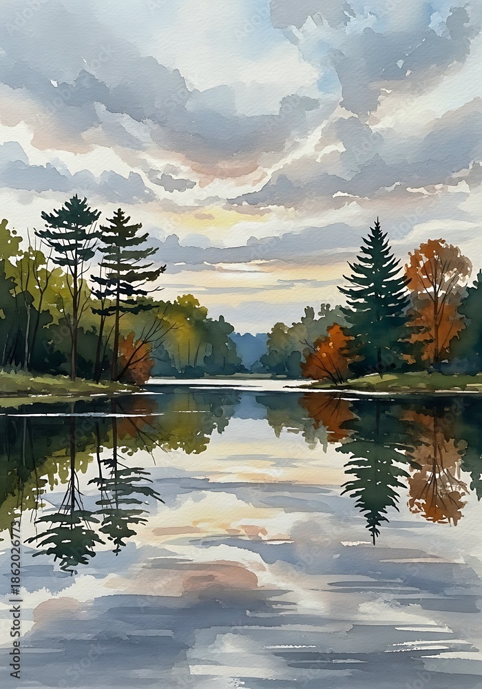 Fototapeta premium Autumnal Reflections - A Serene Lake Landscape at Dusk.