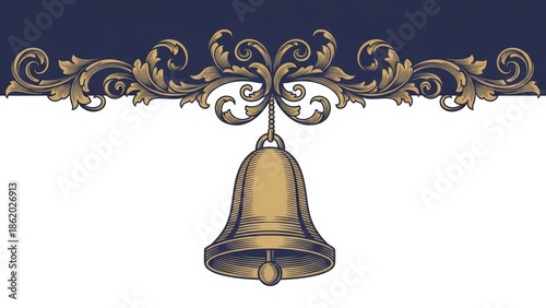 Elegant Golden Bell Hanging from Ornate Scrollwork Decoration.