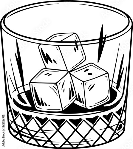 Whiskey Glass with Ice Cubes Line Art, Scotch or Bourbon On The Rocks, Drink Vector Illustration