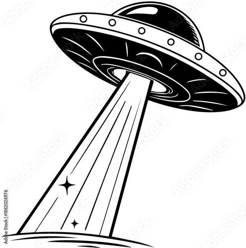 UFO Flying Saucer with Abduction Light Beam, Alien Spacecraft Vector Illustration, Sci-Fi Line Art