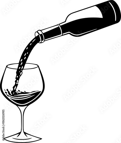 Red Wine Pouring from Bottle into Glass, Vineyard and Sommelier Concept, Beverage Vector Line Art