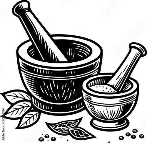 Traditional Mortar and Pestle Grinding Fresh Herbs for Wellness