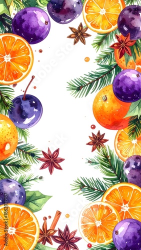 Watercolor Christmas Border with Oranges Plums and Fir Branches.