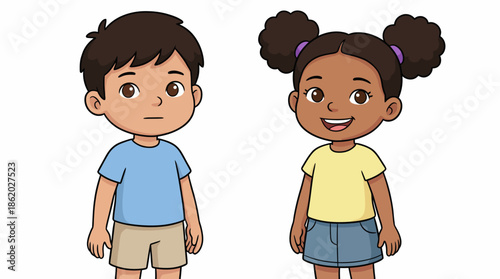 Vector Cartoon Children Duo – Friendly Stylized Portrait of Two Diverse Kids for Educational, Family, and Youth-Focused Design Themes