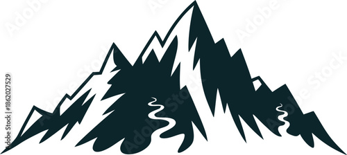 Stunning Dark Green Mountain Range Vector Graphic Illustration with Snowy Peaks and Serene Rivers
